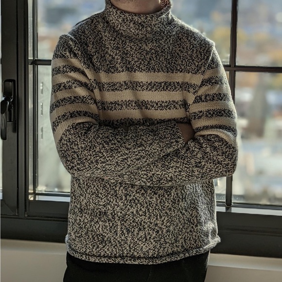J. CREW Marled-Cotton Rollneck Sweater with Stripes, Navy Marl, XL - Picture 1 of 9
